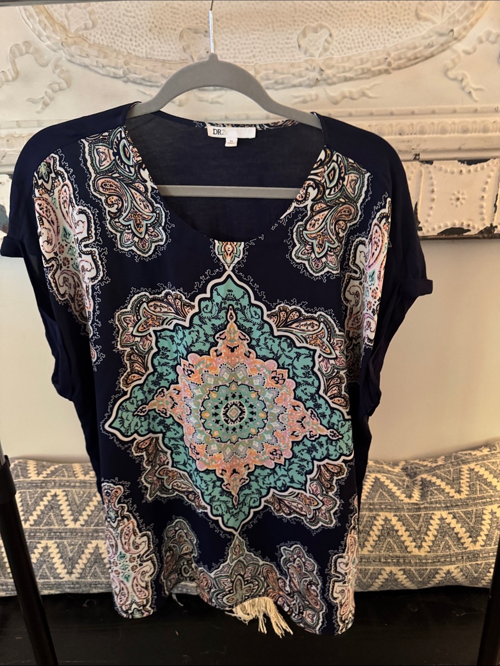 DR2 Navy Paisley Medallion Tee with Mint and Blush Accents